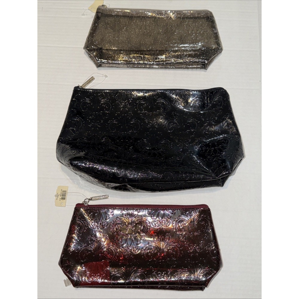 Bath and Body Works 3 Piece Embossed Damask Cosmetic Bag Set Black Burgundy Grey